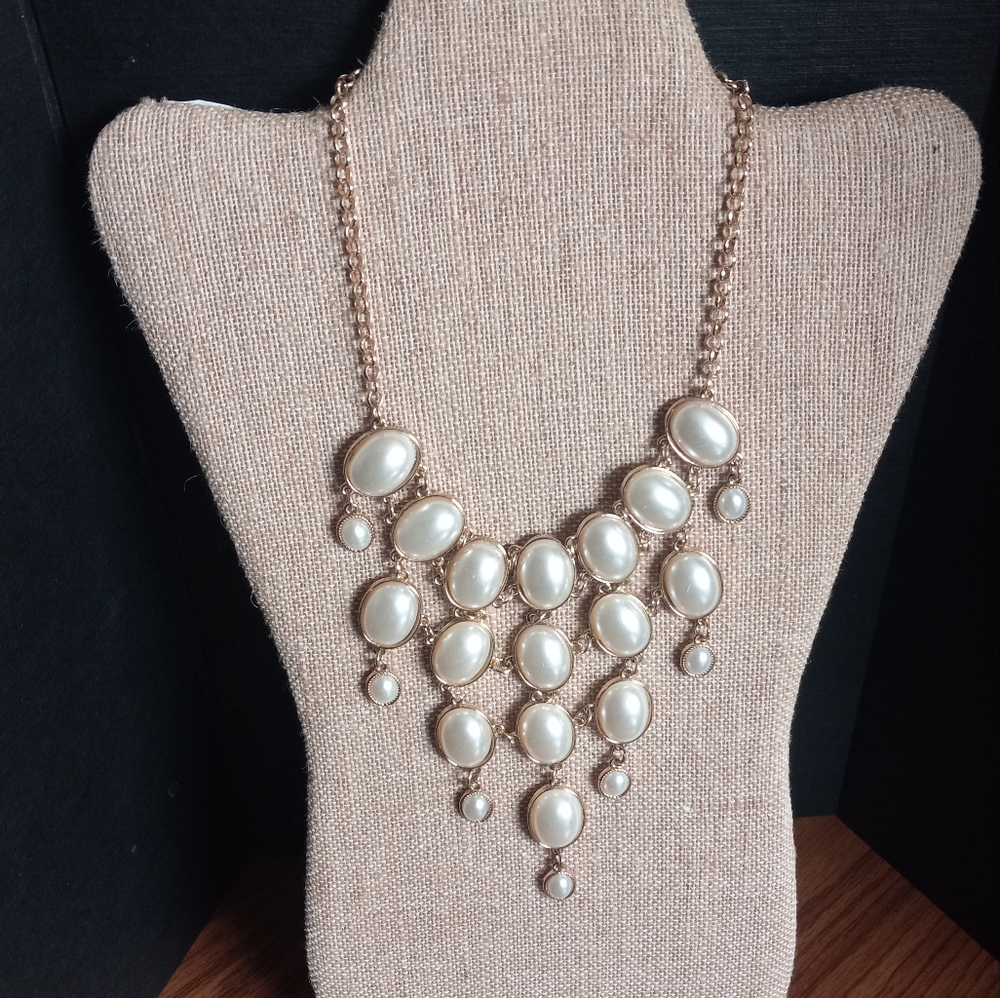 Gold Tone Faux Pearl Statement Necklace
